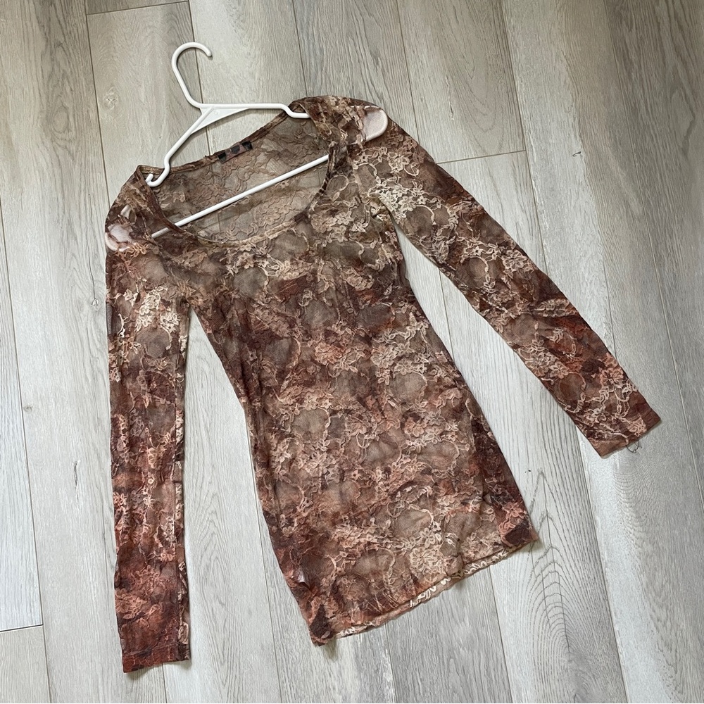 Y2K Lace Dress sheer mesh long sleeve bodycon womens Brown (small) romantic club